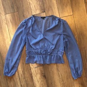 🦚 Peasant blouse, baby blue with polka dots & sheer sleeves